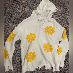 Hazel Moon White Hoodie Sweater with Yellow Flower Design, XL
